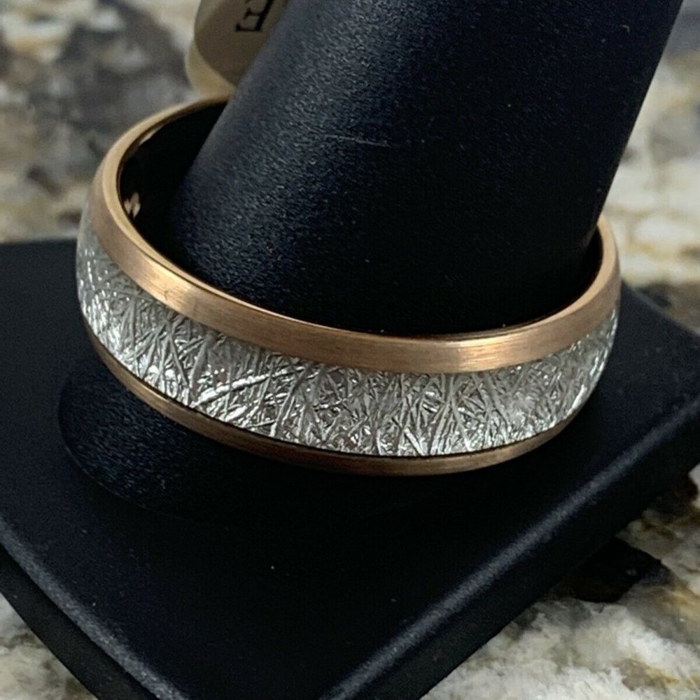 Rose Gold Tone Tungsten Meteor Inlay Sz 14.5